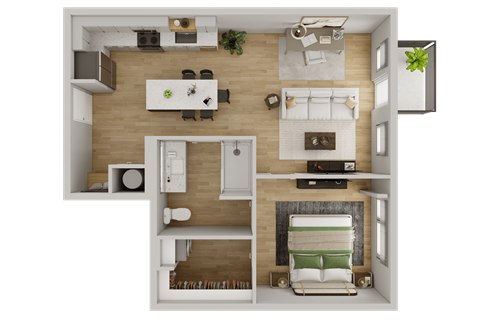 a 3d rendering of a bedroom with a bathroom and a living room